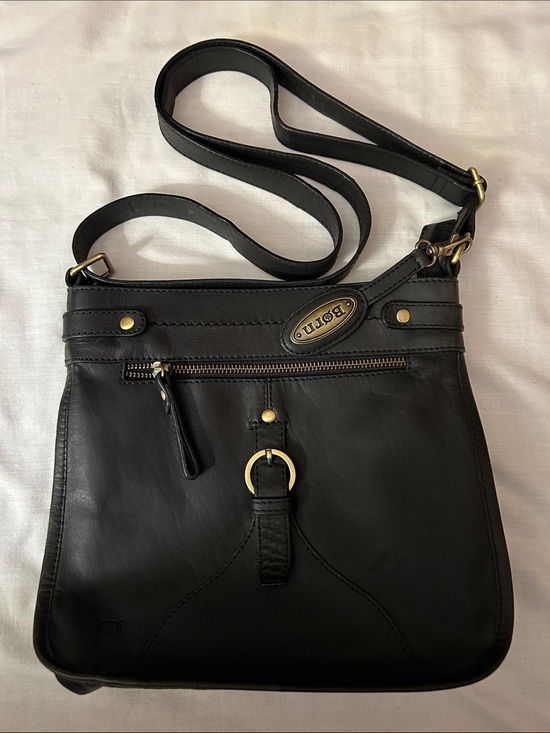 Born Handbags - Born Black Leather Crossbody Bag with Gold Accents, Approximately 10.5x9.5